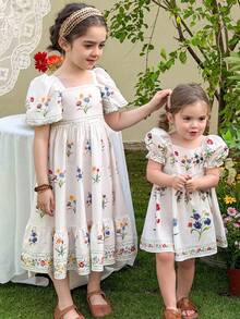 LMoss Kids 少女碎花方领休闲度假连衣裙 - 彩色 - 查看 6