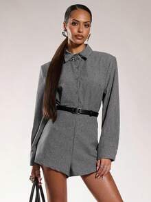 Normani Women's Lapel Single-Breasted Front Closure Long Sleeve Top And Shorts Fashionable Commuting Office Suit - Grey - View 3
