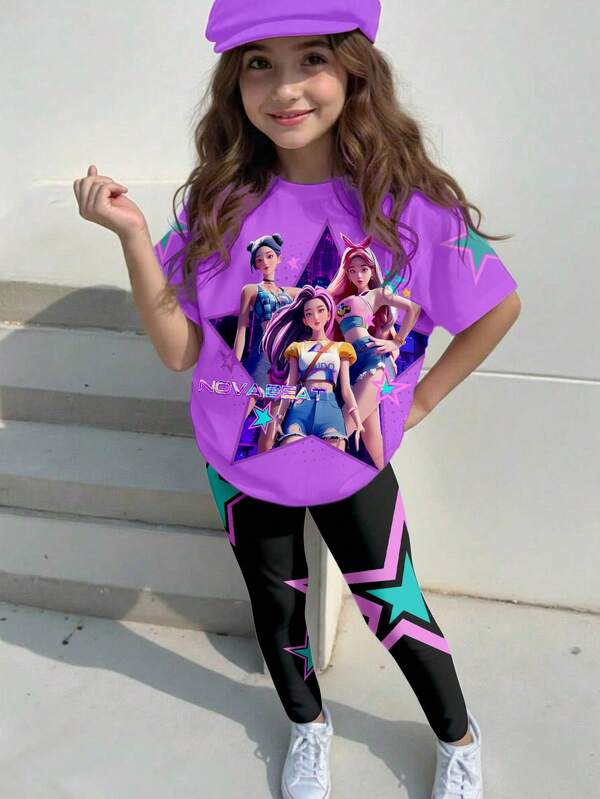 2pcs/Set Idol Girl Group Printed Top & Leggings Set, Fashionable Casual Outfit For Teenage Girls