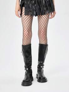 ROMWE Grunge Punk 女士时尚通勤链条装饰搭扣厚底过膝长靴 - 黑色 - 查看 2