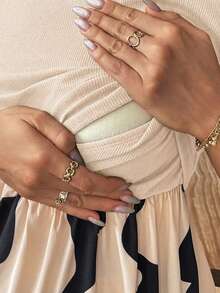 SHEIN 印花孕妇休闲泡泡袖哺乳连衣裙 - 卡其色 - 查看 5