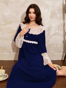 Côtesoire Camisón elegante de mujer con volantes de encaje y contraste de color, estilo francés - azul real - Ver 6