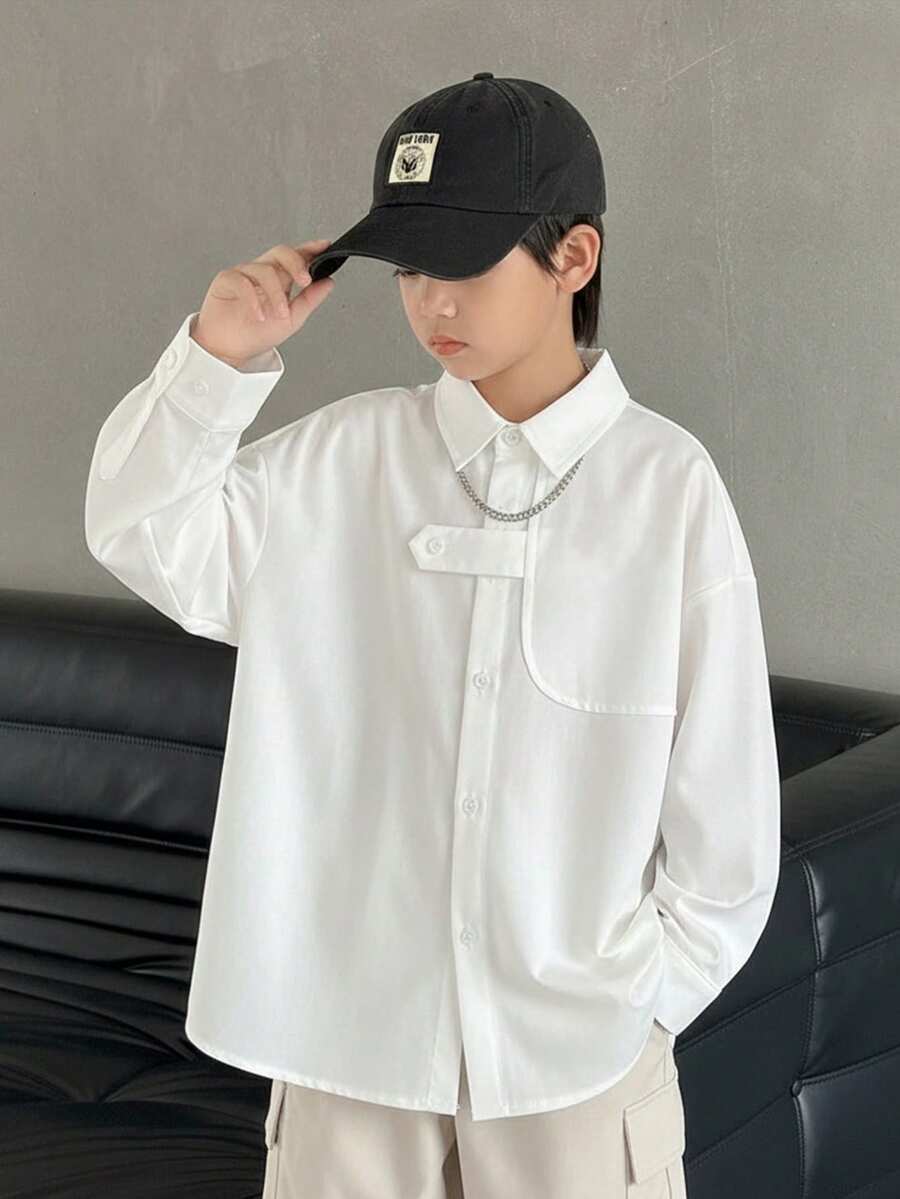 男童休闲舒适翻领开襟宽松长袖衬衫，白色，基础款上衣，Y2K风格套装，适合春、夏、秋季、郊游、情人节、约会、旅行、度假、家庭聚会、返校、婚礼、正式场合、运动、生日派对、洗礼、新年等场合。 - 白色 - 查看 1