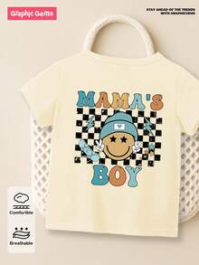 SHEIN Playful Pals 男宝宝休闲可爱格纹“MAMA'S BOY”字母印花短袖圆领T恤，夏季 - 杏色 - 查看 5