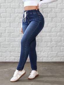 SHEIN Tall Women's Drawstring Waist Skinny Casual Commuting Jeans - Medium Wash - View 5