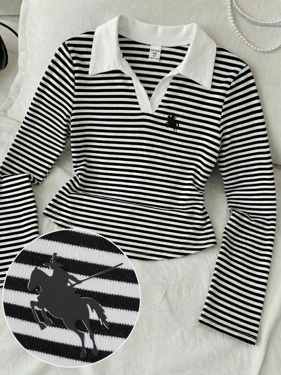 Tween Girls' Contrast Color Collar Striped Long Sleeve Casual Knight Print T-Shirt - Black - View 1