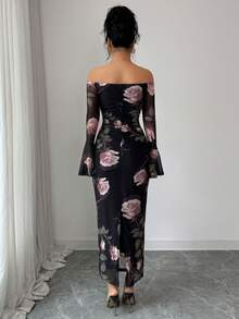 Modelyn 女士露肩荷叶边长袖修身浪漫弹力网纱印花优雅中长连衣裙 - 彩色 - 查看 2