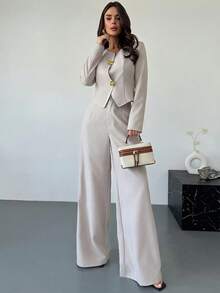 Firerie 秋季新款女士卡其色亚麻纹理不对称金属扣长袖外套和高腰显瘦阔腿裤套装，杏色，优雅办公两件套 - 杏色 - 查看 2