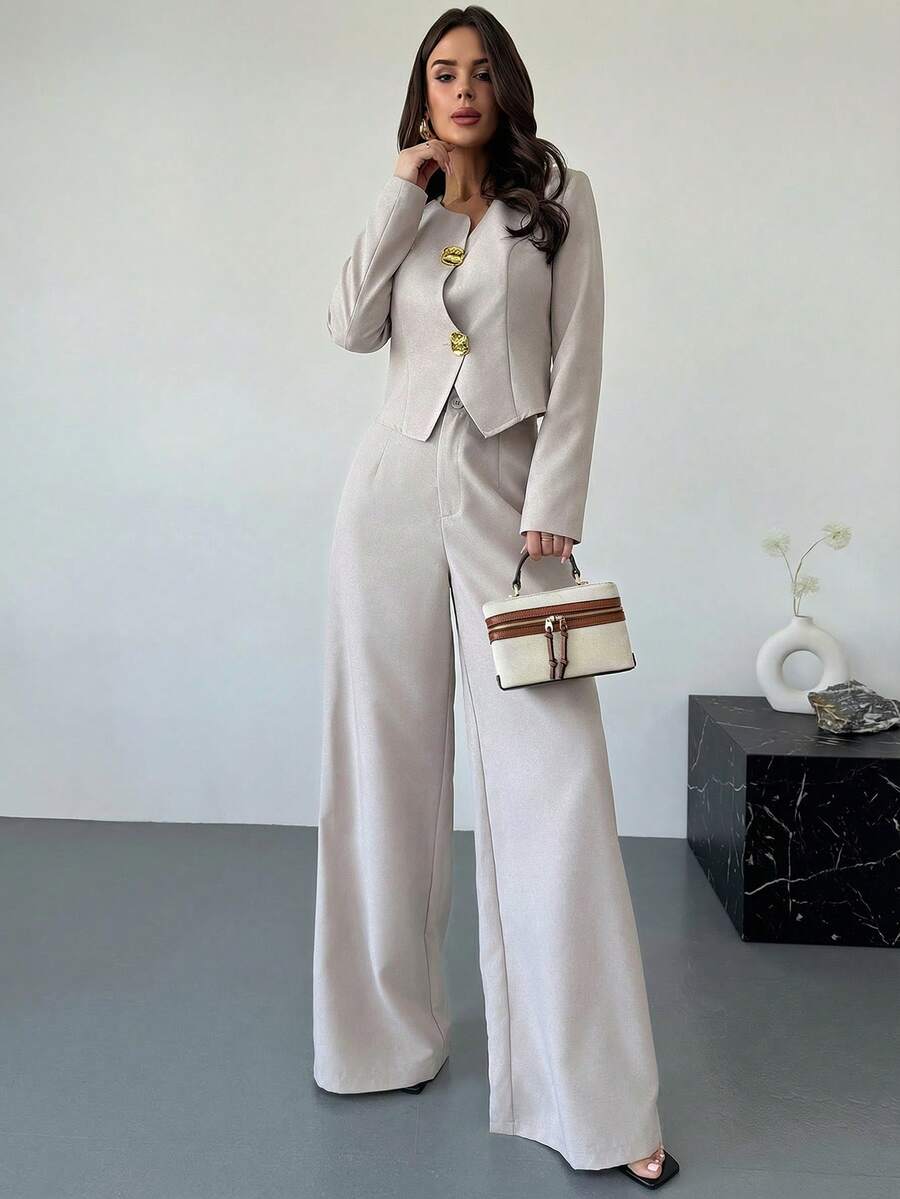 Firerie 秋季新款女士卡其色亚麻纹理不对称金属扣长袖外套和高腰显瘦阔腿裤套装，杏色，优雅办公两件套