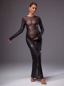 MaterniChic Maternity Clothes Black Sequin Mesh Sheer Fitted Dress,Autumn Elegant Formal Evening Night Out Club Pregnancy Dress For Photoshoot Baby Shower - Black - View 4