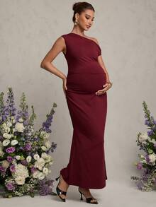 MaterniChic Maternity Clothes Maternity Dress Elegant Party Solid Color Asymmetric Neck Fishtail Maternity Dress Valentine's Day Outfit Wedding Party Outfit Pregnancy Dress For Photoshoot Elegant Dresses For Women Red Dress Elegant  Red - Burgundy - View 5