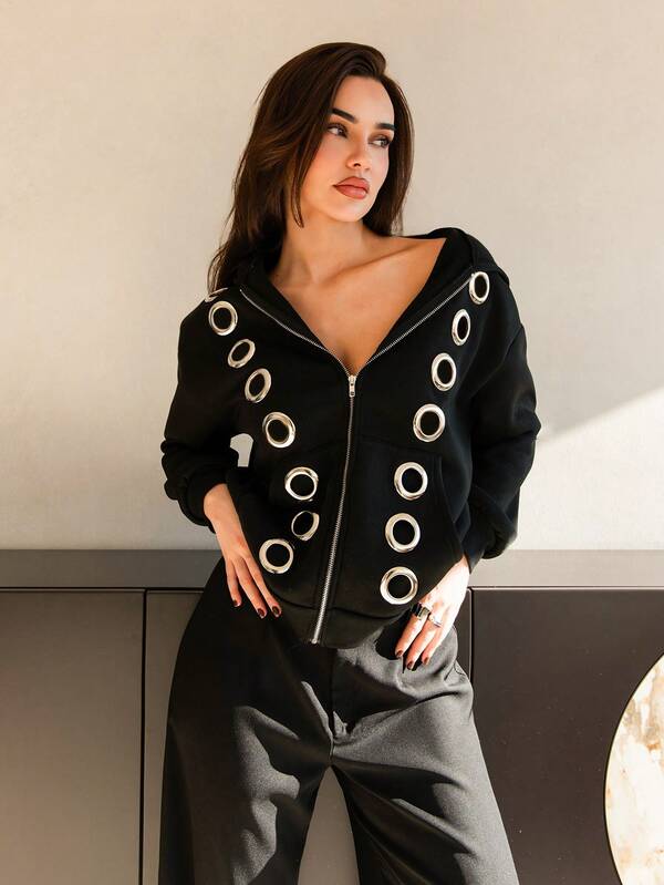 Bris Aura 2025 New Arrive Fall Women Fashion Avant-Garde Grommet Design Black Hooded Sweatshirt, Cropped Jackets For Going Out Outfits, Back To School,  Streetwear, Grunge And Punk Chic, Y2K Clothes, Edgy Clothes Woman And Unique Clothes