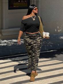 SHEIN EZwear Plus Camo Print Flap Pocket Split Side Skirt - Multicolor - View 4