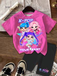 SHEIN 2件套少女休闲韩流女团字母星形印花圆领短袖T恤和短裤套装，适合节日、派对、日常穿着、演唱会等场合。 - 彩色 - 查看 3