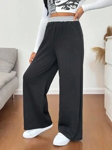 SHEIN Pantalones jogger de niña preadolescente de estilo casual de calle con cintura con cordón y contraste de color - Negro - Ver 4