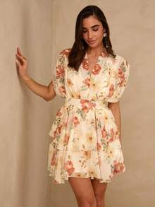 Enchnt Spring/Summer, New Fashionable And Romantic Deep V-Neck Fitted Waist Printed Chiffon A-Line Dress, Vacation Dress, Summer Vacation Outfit, Vacation & Everyday & Valentine's Day Dress, Casual Dresses Elegant Dresses - Multicolor - View 1