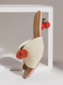 SHUZIA 女士缎带装饰樱桃形高跟日常派对性感沙滩优雅拉菲草天然凉鞋 - 米色 - 查看 7