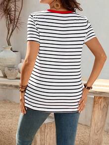 SHEIN Maternity Clothes Maternity Tops Leisure Vacation Summer Maternity Casual Striped Short-Sleeved T-Shirt With Red Heart Embroidery, Made Of Summer Casual Cotton Fabric. High Elasticity. - White - View 2