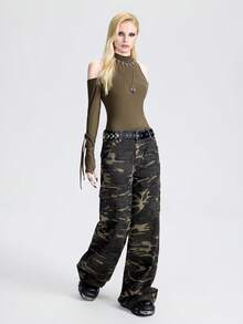 SHEIN 女士朋克风休闲百搭迷彩工装阔腿牛仔裤 - 彩色 - 查看 3