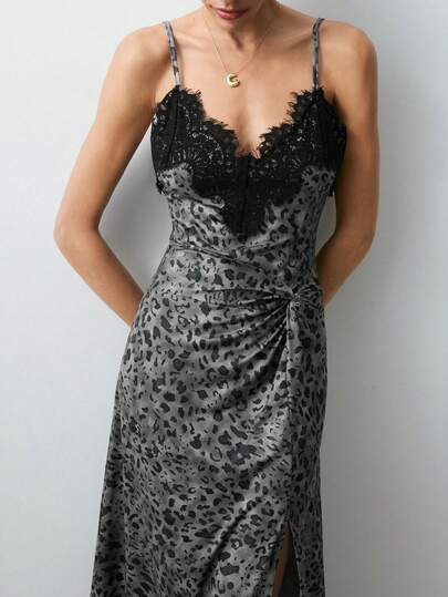 Maija 2025 Leopard Print Lace Dress For Women Black And Silver Dress Cocktail Party Dress Dinner Date Dress Leopard Print Dress Lace Trim Dress