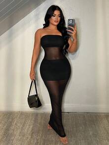 SHEIN SXY 纯色无肩带无袖性感网纱透视连衣裙 - 黑色 - 查看 4