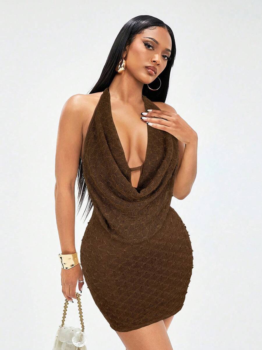 Radiana 女士优雅杏色钩编垂褶露背迷你连衣裙，适合休闲外出、约会、派对、生日、海岛度假、海滩等场合。 - 棕色 - 查看 1