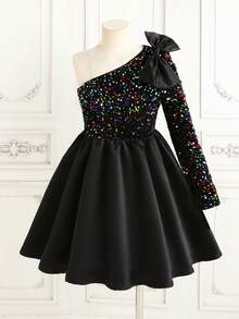 SHEIN Váy chữ A thắt nơ lớn bất đối xứng bằng nhung dệt kim thanh lịch cho bé gái tuổi mới lớn, váy maxi đen cho bé gái, váy dự tiệc đính sequin cho bé gái, thích hợp cho Giáng sinh, năm mới, tiệc sinh nhật, mùa cưới - màu đen - Xem 5