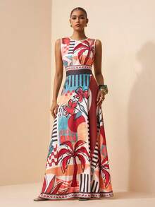 Zivah 2025夏季新款音乐节、复活节、圣帕特里克节、西部风、游牧风、生日派对、毕业典礼、学院风、学生装、日常穿着、百搭基础款、休闲风、度假、邮轮旅行、海滩、日光浴、爆款、街头风大码女式热带雨林拼接图案印花无袖A字长裙 - 棕色 - 查看 6