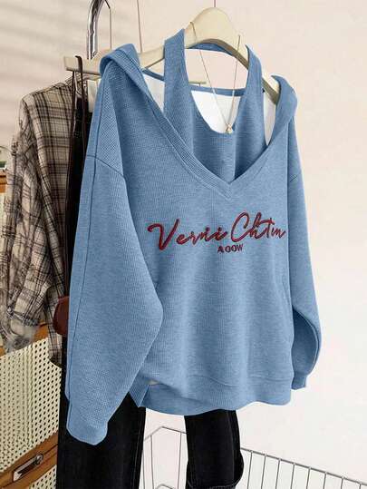 INAWLY Standard Size Women's Waffle Knit Letter Print Sweatshirt, Christmas