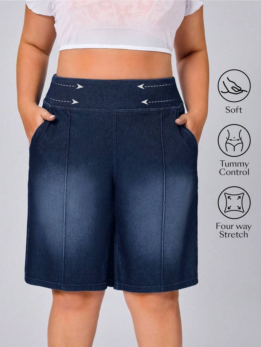 Flexra Pantalones cortos vaqueros sueltos y casuales de unicolor con bolsillos, transpirables y estilizadores para tallas grandes - Azul lavado oscuro - Ver 1