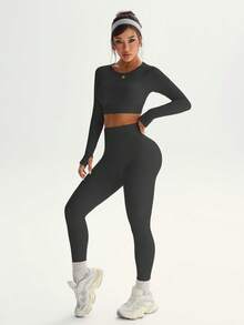 Dewbera Conjunto deportivo de mujer con costillas sin costuras y elástico - Gris Oscuro - Ver 6