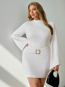Auralis Vestido elegante de fiesta de otoño blanco para mujer talla grande, cuello mandarín, botones metálicos, mangas acampanadas, cintura ajustada, cruzado, mini, atuendo chic para boda - Blanco - Ver 4