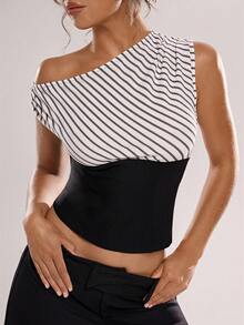 Lucid Women's Striped Off-Shoulder Asymmetric Blouse - Black and White 2 - View 3