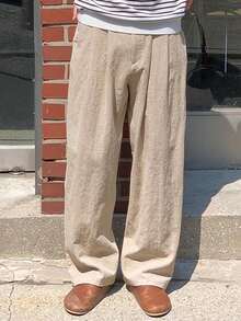 DAZY 男士卡其色亚麻褶裥长裤，春季款 - 卡其色 - 查看 3