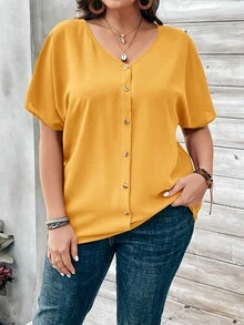 EMERY ROSE Áo sơ mi ngắn tay màu cam đính cúc dành cho nữ cỡ lớn, thích hợp cho mùa xuân. - Màu vàng - Xem 3