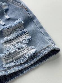 SHEIN Young BoyLoose Fit Blue Denim Ripped Shorts - Light Wash - View 3