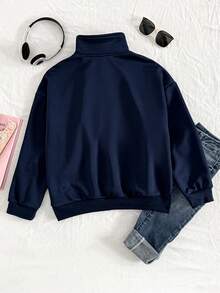 少女休闲百搭度假套头卫衣，黑色宽松半拉链卫衣 - 藏蓝色 - 查看 2