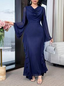 Modelyn 优雅派对纯色喇叭袖连衣裙 - 藏蓝色 - 查看 7