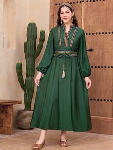 SHEIN Teen Girl Casual Vacation V-Neck Lantern Sleeve Ribbon Decor Dress, Solid Color With Belt, Olive Green Teen Green Dress Modest Green Dress Embroidered Long Dress Bohemian Green Dress Green Long Sleeve Dress - Dark Green - View 5