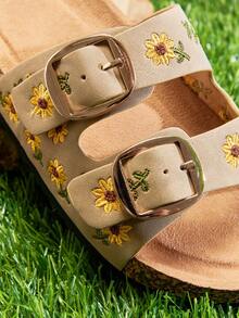 Mini mi #SunnyKids 女童雏菊刺绣双带鞋垫凸点灰褐色拖鞋 – 沙滩风、柔软舒适，充满夏日乐趣。 - 米色 - 查看 6