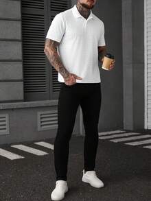 Manfinity Homme 男士休闲纯色纹理短袖 Polo 衫，夏季白色短袖 Polo 衫，男士高尔夫球衫，男士纹理 Polo 衫，白色 Polo 衫 - 白色 - 查看 5