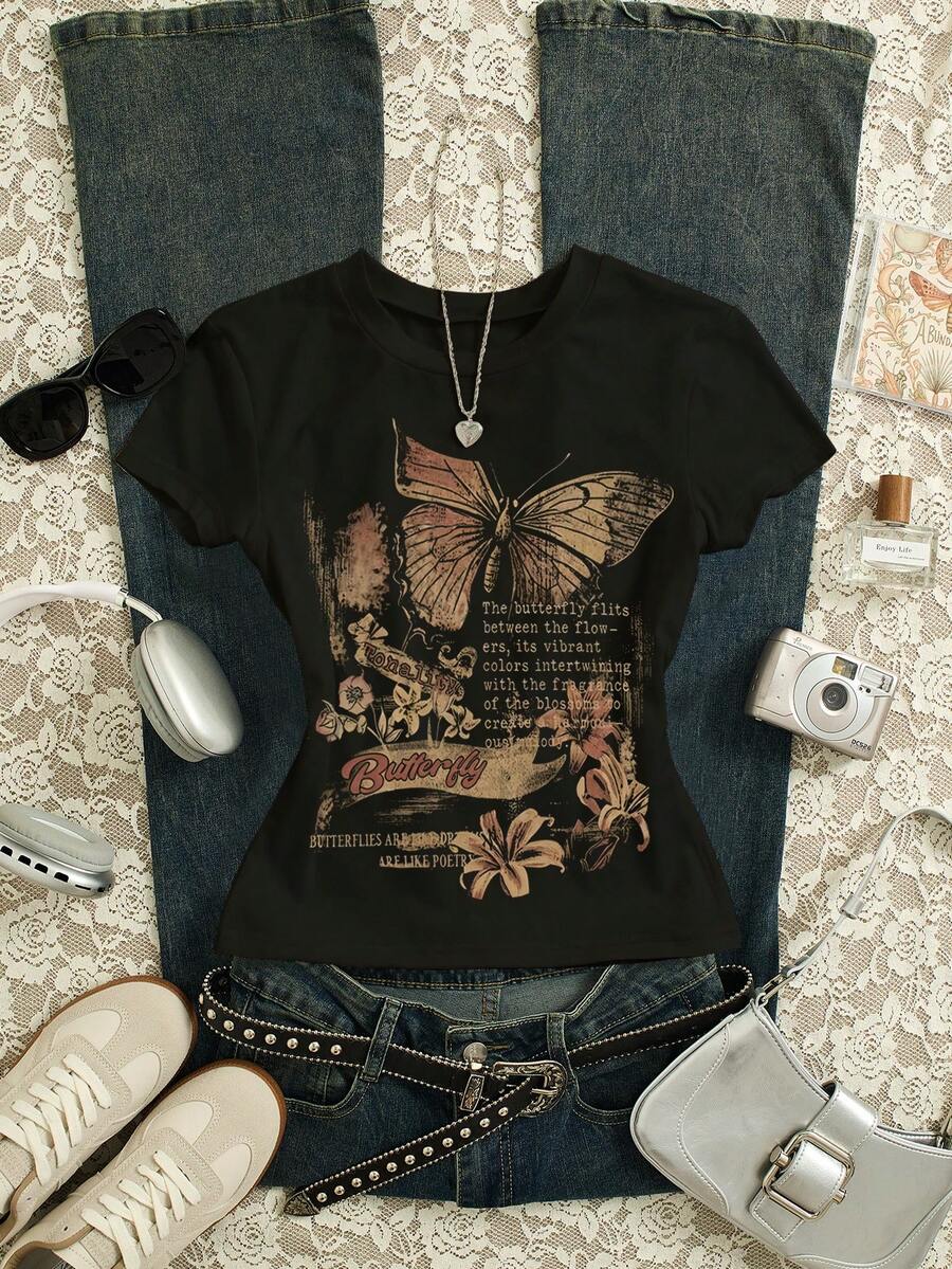 Women's Casual Butterfly Pattern Round Neck Short Sleeve T-Shirt, Versatile For Summer - Black - View 1