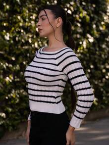 Andrea Bello Streetwear Women's Autumn/Winter Colorblock Off Shoulder Ribbed Fitted Long Sleeve Sweater - Multicolor - View 5