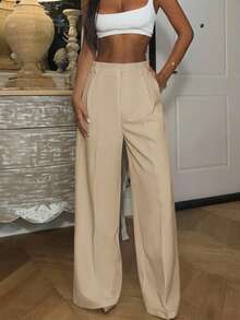 Ronhire Quần ống đứng màu trơn thanh lịch và hiện đại, thích hợp cho kỳ nghỉ, năm mới - Màu be - Xem 5