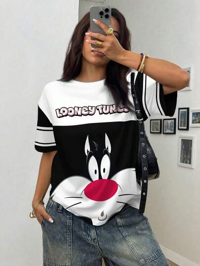 LOONEY TUNES X SHEIN Camiseta de manga corta casual de mujer con estampado de bloques de color y dibujos animados, para verano