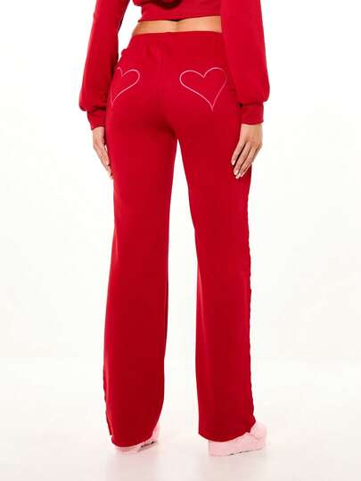 SUMWON WOMEN Cozy Heart Applique Joggers Drawstring Waist Loungewear Wide Leg Comfort Pants Valentine Love Design Casual Sweatpants