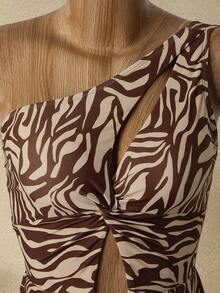 Bellisia Summer Vacation Brown Zebra Print Tummy Control One-Piece Swimdress, Elegant & Cute - Brown - View 5