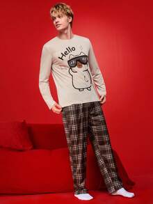 Notgurli 可爱动物字母印花圆领长袖格子裤男士睡衣套装 - 彩色 - 查看 6