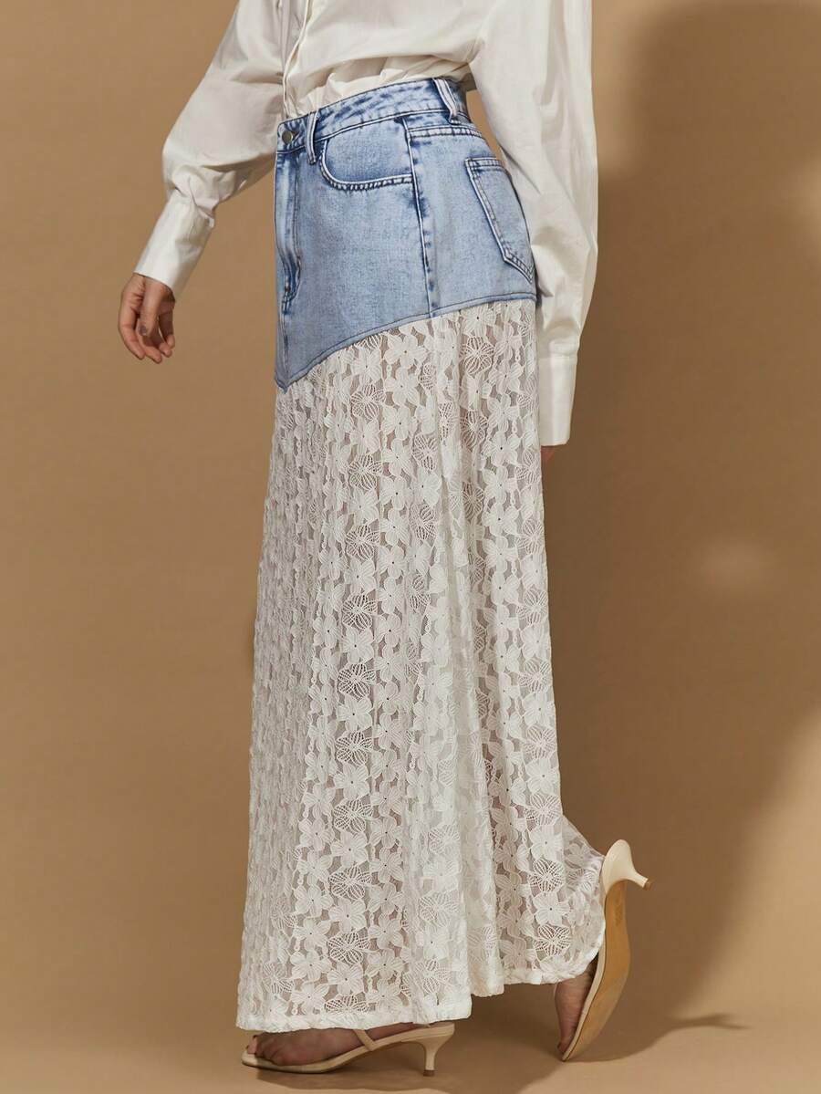 COSMINA Chân váy denim dài thêm cho nữ với họa tiết ren hai màu, chân váy denim dáng chữ A thanh lịch, phù hợp cho mặc hàng ngày, đi chơi, hẹn hò, ngày Valentine, mùa xuân/hè. - Nhiều màu - Xem 1