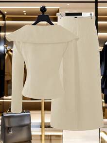 SHEIN Franclia 2pcs Set,Women Beige Tweed Set,Elegant Work Fall Winter French Style Clothes,One-Shoulder Collar Fitted Silhouette,Asymmetric Side Slit Metal Buckle - Apricot - View 2